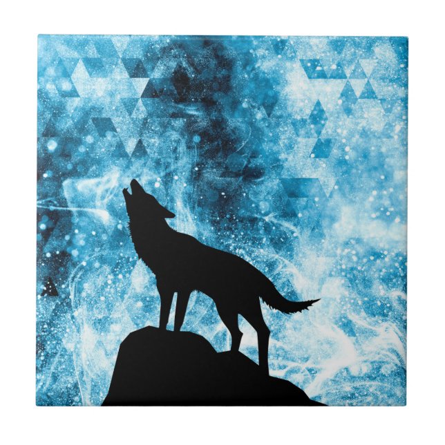 Howling Wolf Winter snowy blue smoke Abstract Tile (Front)