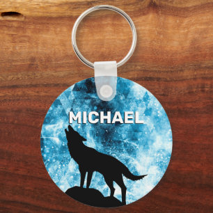 Howling Wolf Winter snowy blue smoke Custom Name Keychain