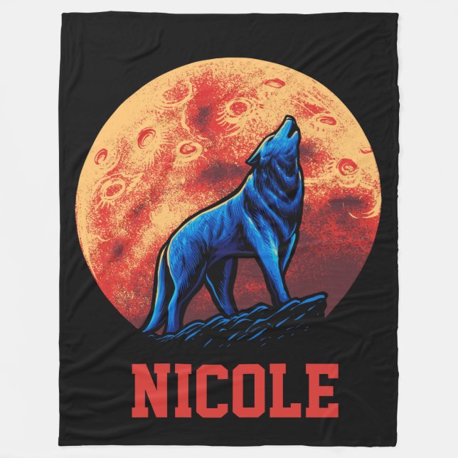 Howling Wolf with Blood Moon Fleece Blanket (Front)