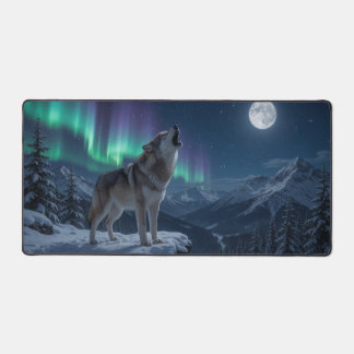 Howling Wolf With Full Moon, Northern Lights Desk Mat
