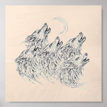 Howling Wolves Crescent Moon Black Ink Drawing