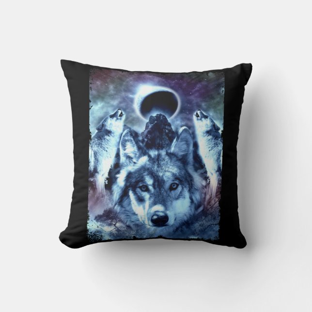 Howling Wolves Moon Winter Wolf Throw Pillow (Front)