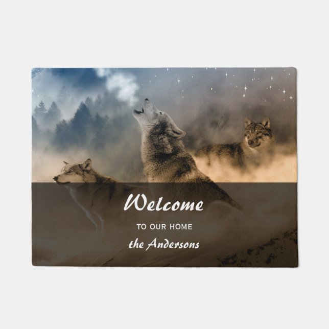 Howling Wolves Photo Family Name Welcome Doormat (Front)