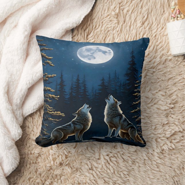 Howling Wolves Under a Full Moon at Night Throw Pillow (Blanket)