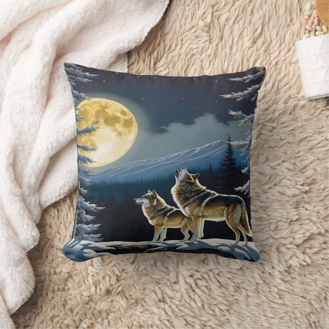 Howling Wolves Under a Full Moon in Winter Throw Pillow (Blanket)