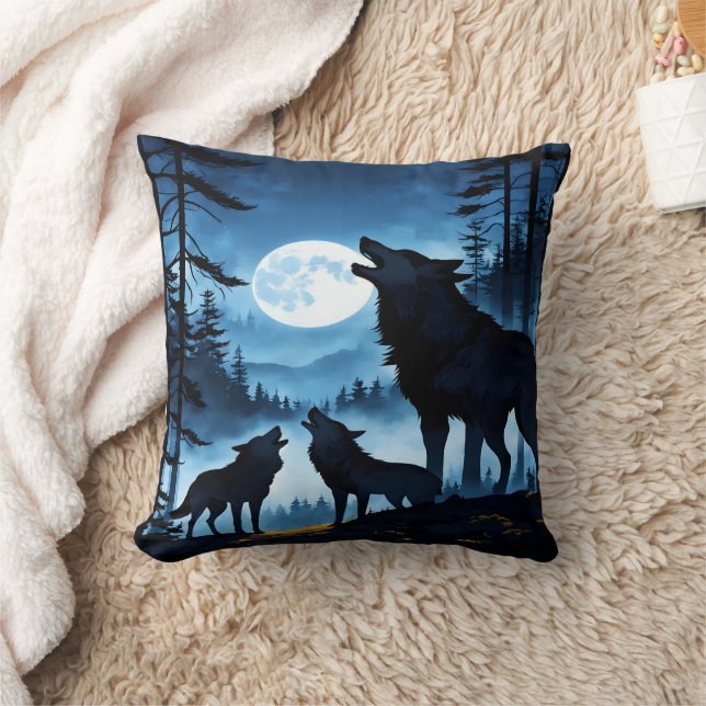 Howling Wolves Under Full Moon.  Throw Pillow (Blanket)