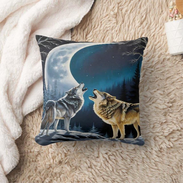Howling Wolves Under Moonlight.  Throw Pillow (Blanket)