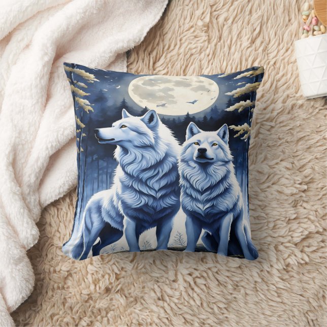 Howling Wolves Under Moonlight.  Throw Pillow (Blanket)