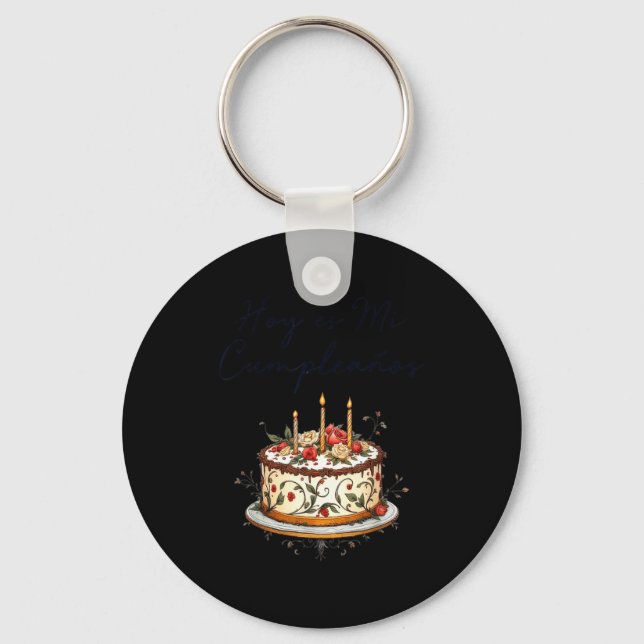 Hoy Es Mi Cumpleaños Con Cake Spanish Birthday Gif Keychain (Front)