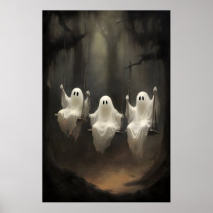 Hree Ghosts On Swing Forest Print, Dark Academia Poster