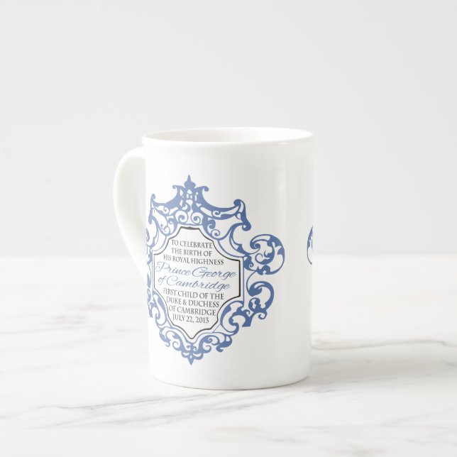 HRH Prince George Blue/White Scroll Bone China Mug (Front Left)