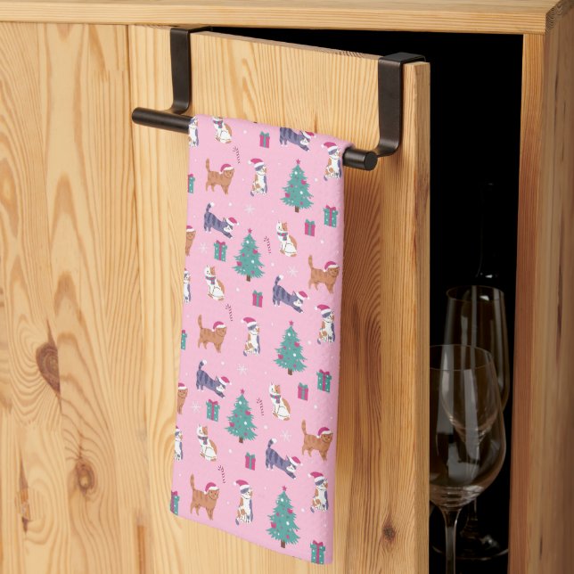 hristmas Cats and Trees Holiday Pattern Kitchen Towel (Thirds Fold)