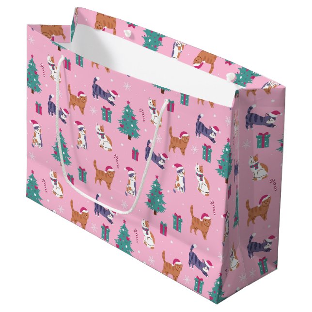 hristmas Cats and Trees Holiday Pattern Large Gift Bag (Front Angled)