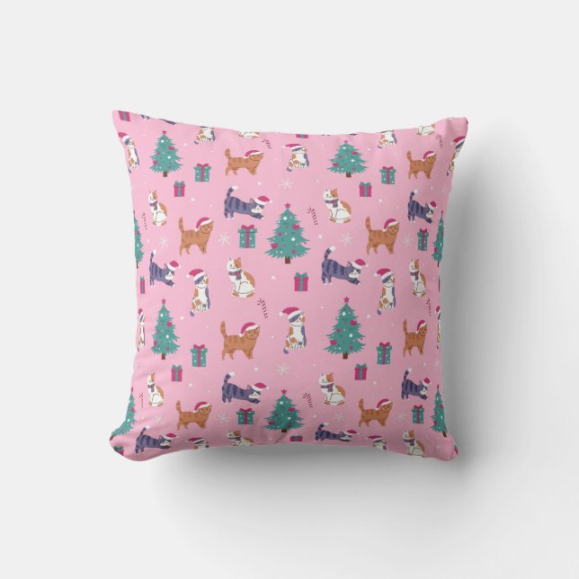 hristmas Cats and Trees Holiday Pattern Throw Pillow (Front)
