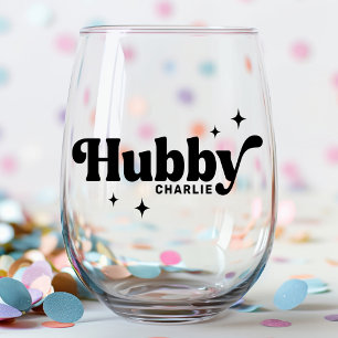 Hubby any colour retro font and stars stemless wine glass