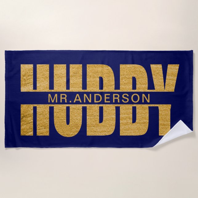 Hubby Blue And Gold Newlywed Groom  Beach Towel (Front)