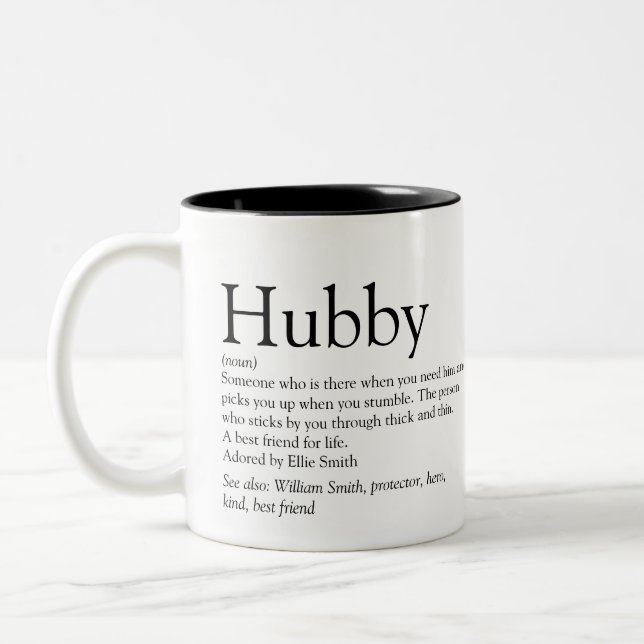 Hubby Definition Quote Black and White Modern Two-Tone Coffee Mug (Left)