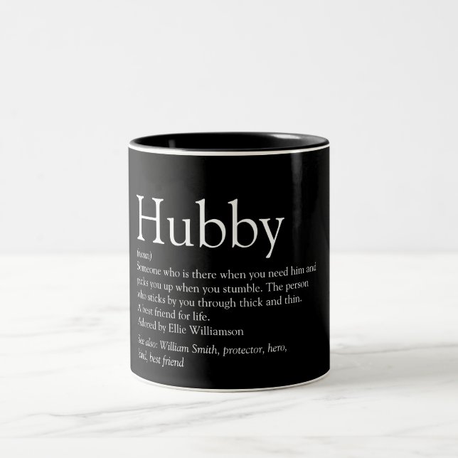 Hubby Definition Quote Fun Cool Black and White Two-Tone Coffee Mug (Center)