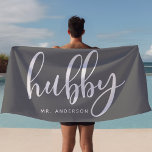 Hubby Grey And White Newlywed Groom Beach Towel<br><div class="desc">Embrace your newlywed status with this stylish "Hubby" beach towel in grey and white, perfect for honeymoons, beach outings, or relaxing by the pool. Created with grooms and husbands in mind, this towel can be personalized with a last name, making it a thoughtful and unique gift. Whether by the beach...</div>