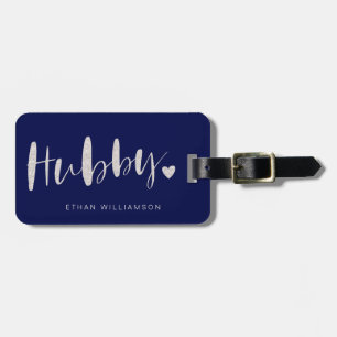 Hubby Love Stylish Navy Brush Script & Stripes Luggage Tag