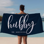 Hubby Navy Blue And White Newlywed Groom Beach Towel<br><div class="desc">Showcase your newlywed status with this elegant "Hubby" beach towel in navy blue and white, perfect for honeymoons, beach outings, or poolside relaxation. Designed for grooms and husbands, this towel can be personalized with a last name, making it a thoughtful gift or stylish accessory. Whether by the beach or pool,...</div>