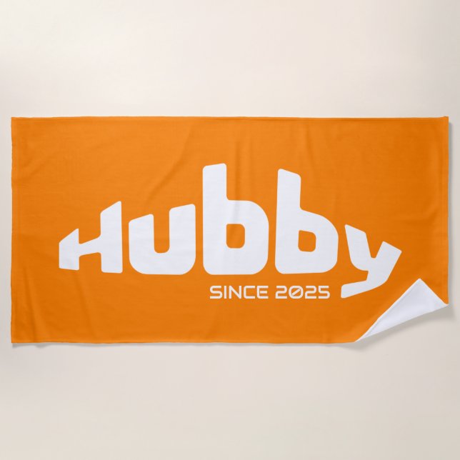 Hubby Newlywed Groom Orange & White Beach Towel (Front)