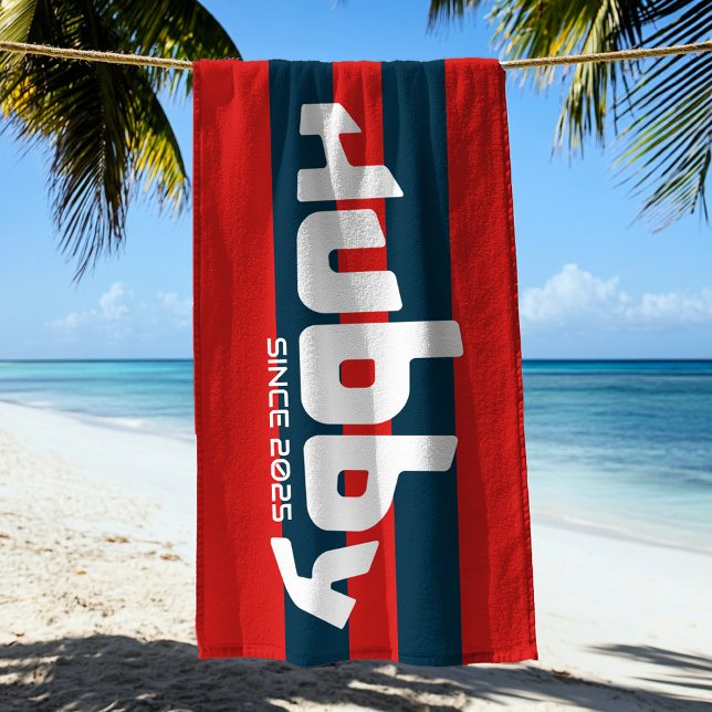 Hubby Newlywed Groom Red & Navy Stripe Beach Towel (Creator Uploaded)