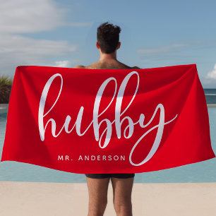 Hubby Red And White Newlywed Groom Beach Towel