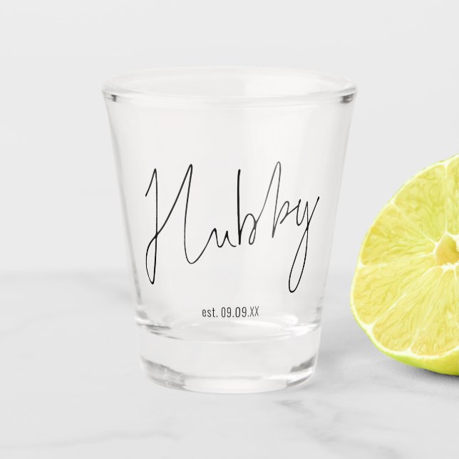 Hubby Script Date Wedding Keepsake Gift  Shot Glass (Front)