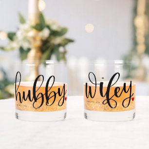 Hubby Wifey Couple Typography Design Custom Whiskey Glass