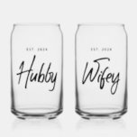 Hubby   Wifey Wedding Personalized Can Glass<br><div class="desc">Hubby Wifey can glass set. Perfect for a bridal shower gift, wedding gift, or to buy for your own honeymoon. Front can be personalized with a year of marriage, while the back can be personalized with names or custom text. All text colours can be changed using the Edit Tool. ©...</div>