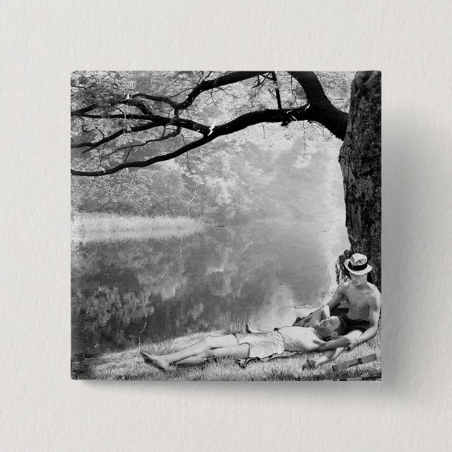 Huckleberry & Tom 2 Inch Square Button (Front)