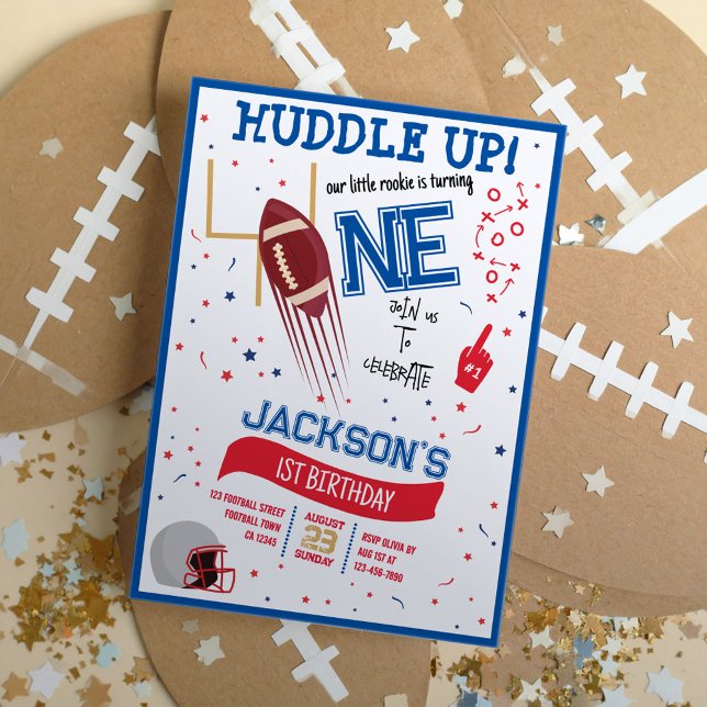 Huddle Up Little Rookie Cute Football 1st Birthday Invitation (Creator Uploaded)