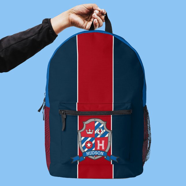 Hudson name meaning red blue knight sheild printed backpack (Creator Uploaded)