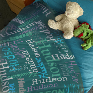 Hudson personalized name aqua green purple grey fleece blanket