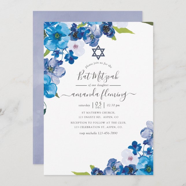Hues of Blue Floral Bat Mitzvah Invitation (Front/Back)