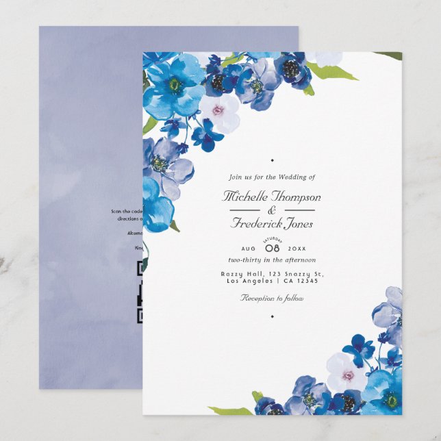 Hues of Blue Floral QR Code RSVP Wedding Invitation (Front/Back)