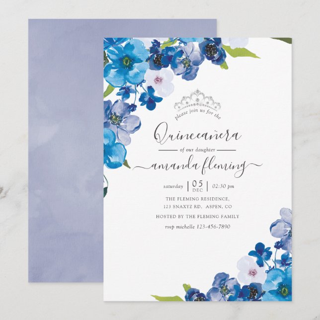 Hues of Blue Floral Quinceañera Invitation (Front/Back)