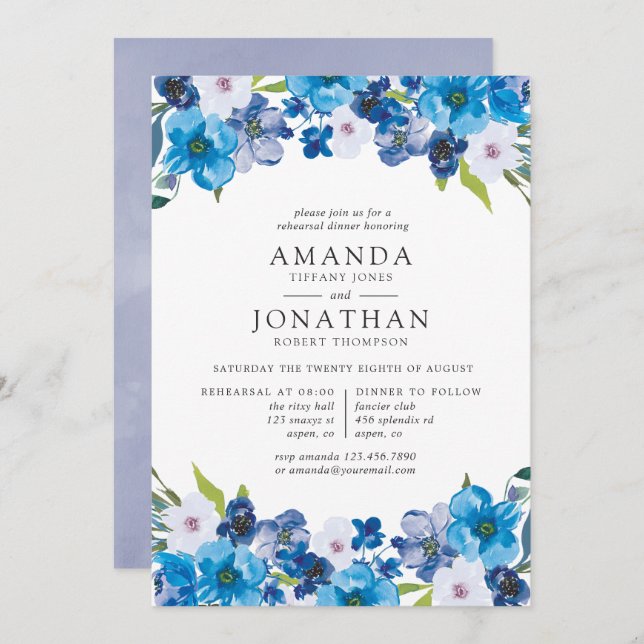 Hues of Blue Floral Rehearsal Dinner invitation (Front/Back)