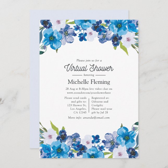 Hues of Blue Floral Virtual Shower Invitation (Front/Back)