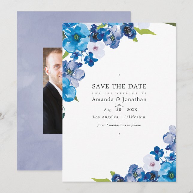 Hues of Blue Floral Wedding Photo Save The Date (Front/Back)