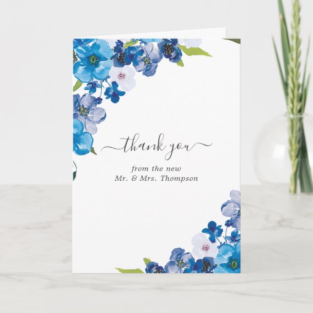 Hues of Blue Floral Wedding Photo Thank You Card (Front)