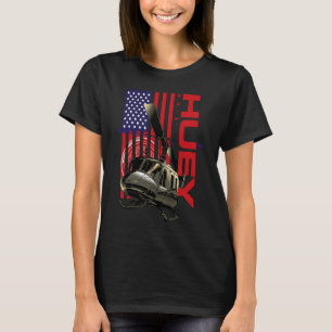 Huey Military Helicopter Airplane American Flag T-Shirt