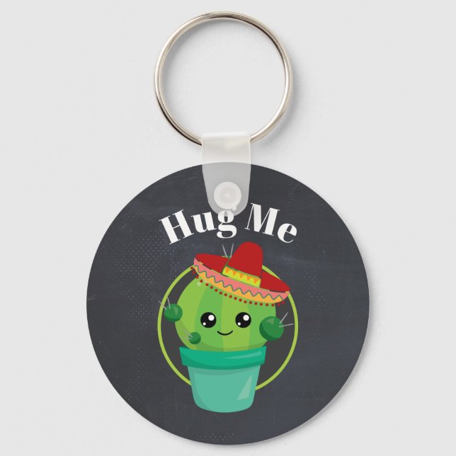 Hug Me Cute Cactus in a Sombrero Keychain (Front)
