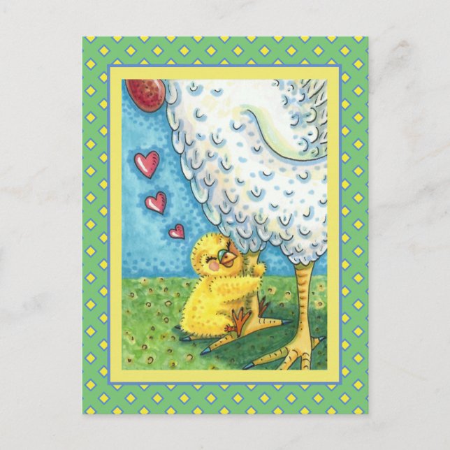 HUG YOUR MOMMA, CUTE BABY CHICK LOVES MOTHER HEN HOLIDAY POSTCARD (Front)