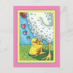 HUG YOUR MOMMA, CUTE BABY CHICK LOVES MOTHER HEN HOLIDAY POSTCARD