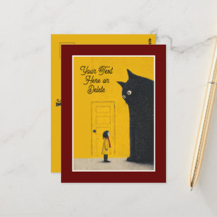 Huge Black Cat & Small Girl Cute Custom Colour/Tex Postcard