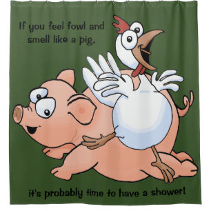 Huge cartoon pig and chicken on a shower curtain!