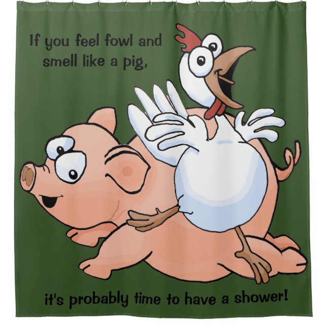 Huge cartoon pig and chicken on a shower curtain! (Front)