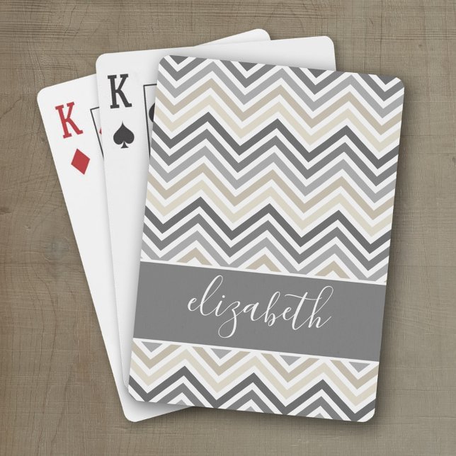 Huge Chevron Pattern with Name grey beige Playing Cards (Personalized playing cards with custom text)